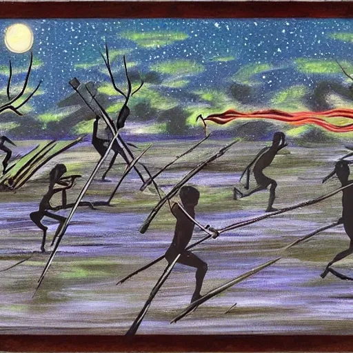 floodplain, Arnhem Land, storm, fantasy, Yolngu ancestral warriors fighting with sticks, fire, moonlight

, Trippy, 3D