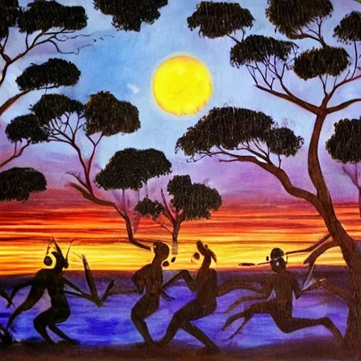 floodplain, Arnhem Land, storm, fantasy, Yolngu ancestral warriors fighting with sticks, fire, moonlight

, Trippy, 3D