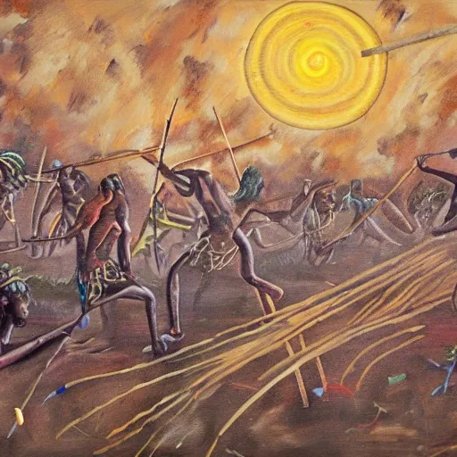 floodplain, Arnhem Land, storm, fantasy, Yolngu ancestral warriors fighting with sticks, fire, moonlight

, Trippy, 3D