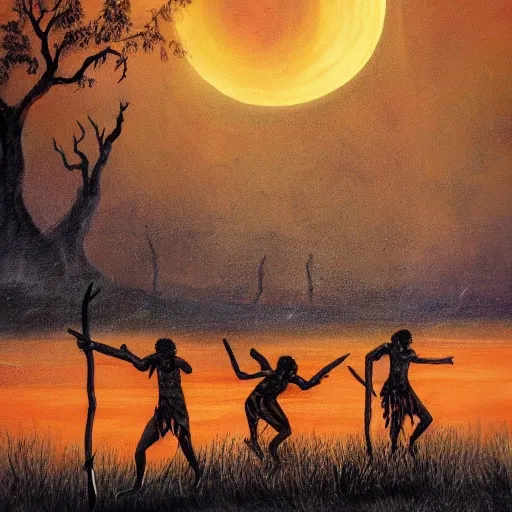 floodplain, Arnhem Land, storm, fantasy, Yolngu ancestral warriors fighting with sticks, fire, moonlight

, Trippy, 3D