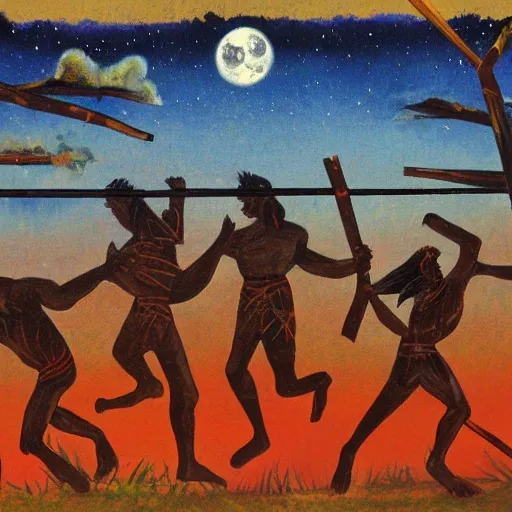 floodplain, Arnhem Land, storm, fantasy, Yolngu ancestral warriors fighting with sticks, fire, moonlight

, Trippy, 3D