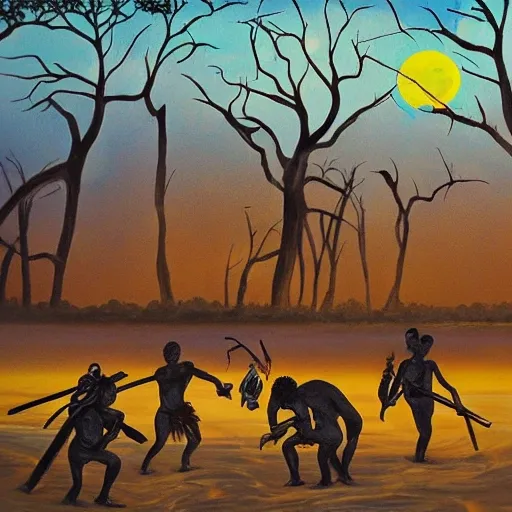 floodplain, Arnhem Land, storm, fantasy, Yolngu ancestral warriors fighting with sticks, fire, moonlight

, Trippy, 3D