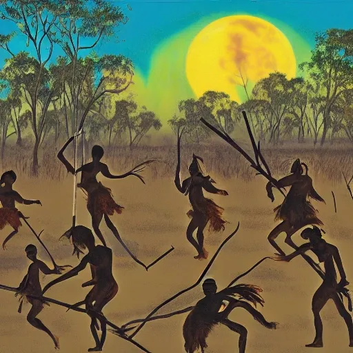 floodplain, Arnhem Land, storm, fantasy, Yolngu ancestral warriors fighting with sticks, fire, moonlight

, Trippy, 3D