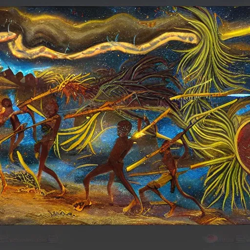 floodplain, Arnhem Land, storm, fantasy, Yolngu ancestral warriors fighting with sticks, fire, moonlight

, Trippy, 3D