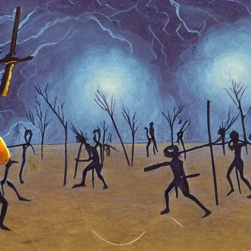 floodplain, Arnhem Land, storm, fantasy, Yolngu ancestral warriors fighting with sticks, fire, moonlight

, Trippy, 3D