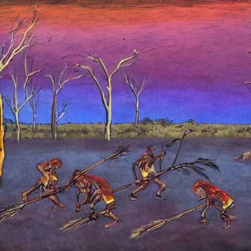 floodplain, Arnhem Land, storm, fantasy, Yolngu ancestral warriors fighting with sticks, fire, moonlight

, Trippy, 3D