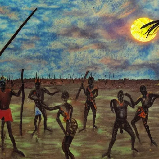 floodplain, Arnhem Land, storm, fantasy, Yolngu ancestral warriors fighting with sticks, fire, moonlight

, Trippy, 3D