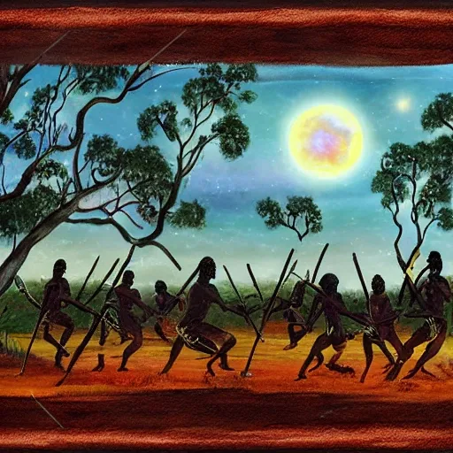 floodplain, Arnhem Land, storm, fantasy, Yolngu ancestral warriors fighting with sticks, fire, moonlight

, Trippy, 3D