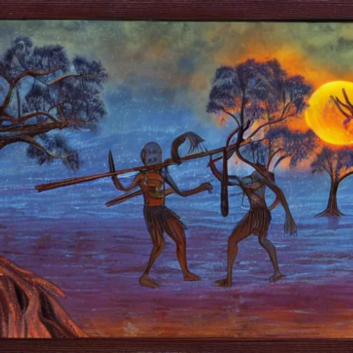 floodplain, Arnhem Land, storm, fantasy, Yolngu ancestral warriors fighting with sticks, fire, moonlight

, Trippy, 3D