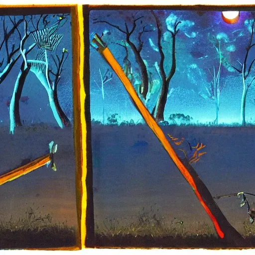 floodplain, Arnhem Land, storm, fantasy, Yolngu ancestral warriors fighting with sticks, fire, moonlight

, Trippy, 3D