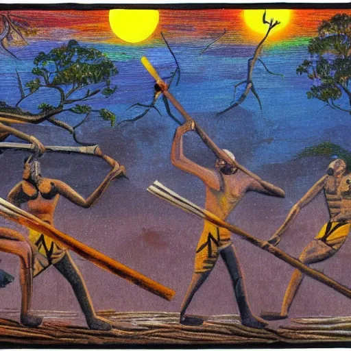 floodplain, Arnhem Land, storm, fantasy, Yolngu ancestral warriors fighting with sticks, fire, moonlight

, Trippy, 3D