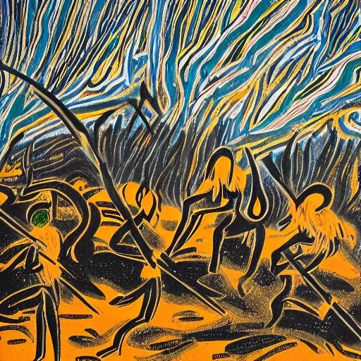 floodplain, Arnhem Land, storm, fantasy, Yolngu ancestral warriors fighting with sticks, fire, moonlight

, Trippy, 3D