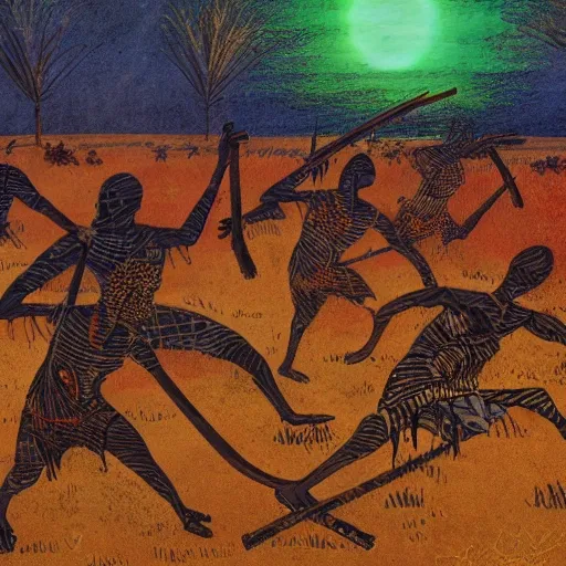 floodplain, Arnhem Land, storm, fantasy, Yolngu ancestral warriors fighting with sticks, fire, moonlight

, Trippy, 3D