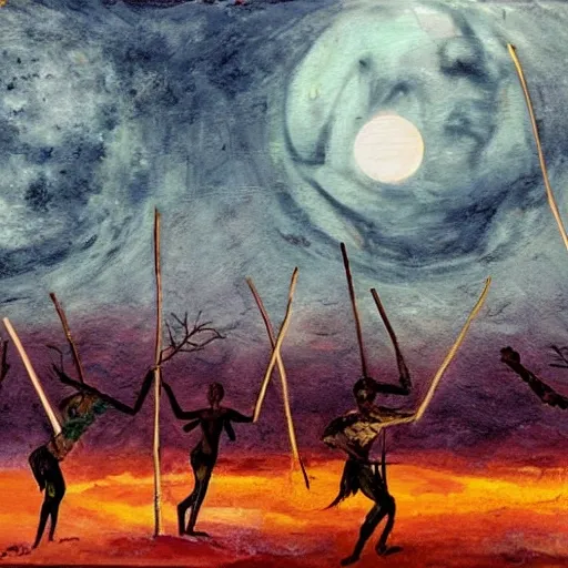 floodplain, Arnhem Land, storm, fantasy, Yolngu ancestral warriors fighting with sticks, fire, moonlight

, Trippy, 3D