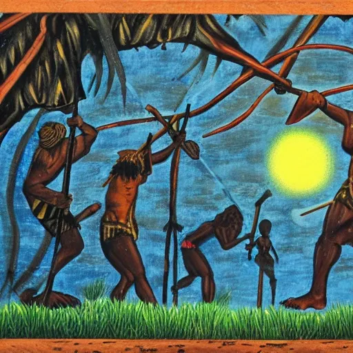 floodplain, Arnhem Land, storm, fantasy, Yolngu ancestral warriors fighting with sticks, fire, moonlight

, Trippy, 3D