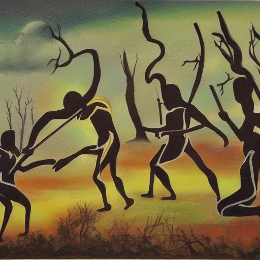 floodplain, Arnhem Land, storm, fantasy, Yolngu ancestral warriors fighting with sticks, fire, moonlight

, Trippy, 3D