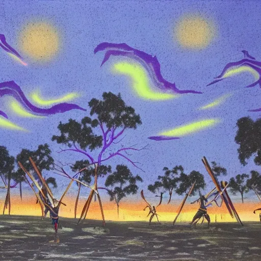 floodplain, Arnhem Land, storm, fantasy, Yolngu ancestral warriors fighting with sticks, fire, moonlight

, Trippy, 3D