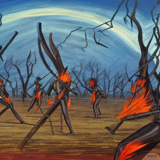 floodplain, Arnhem Land, storm, fantasy, Yolngu ancestral warriors fighting with sticks, fire, moonlight

, Trippy, 3D