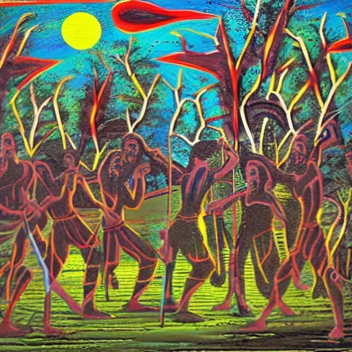 floodplain, Arnhem Land, storm, fantasy, Yolngu ancestral warriors fighting with sticks, fire, moonlight

, Trippy, 3D