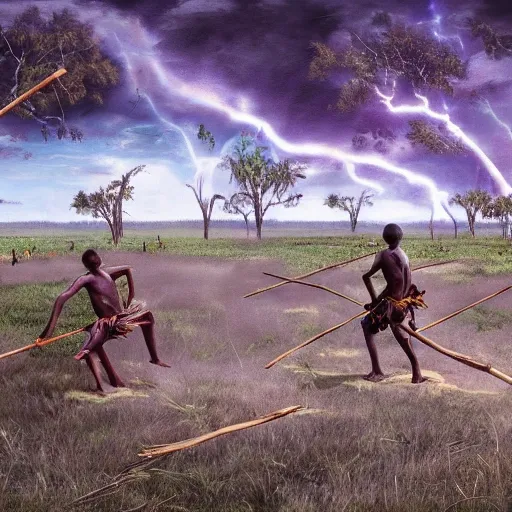 floodplain, Arnhem Land, storm, fantasy, Yolngu ancestral warriors fighting with sticks, fire, moonlight, HD, 9600 x 1080, stereoscopic


, Trippy, 3D