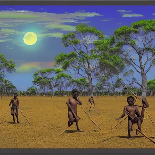 floodplain, Arnhem Land, storm, fantasy, Yolngu ancestral warriors fighting with sticks, fire, moonlight, HD, 9600 x 1080, stereoscopic


, Trippy, 3D