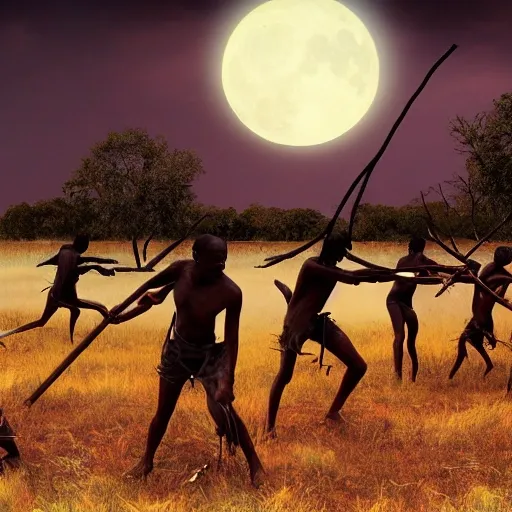 floodplain, Arnhem Land, storm, fantasy, Yolngu ancestral warriors fighting with sticks, fire, moonlight, HD, 9600x1080, stereoscopic


, Trippy, 3D