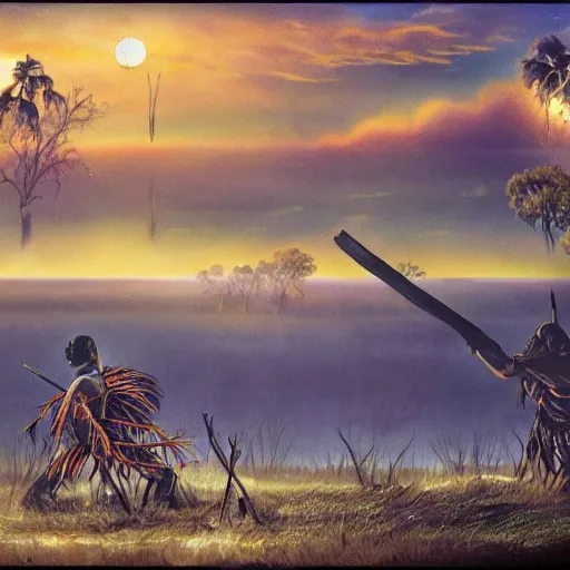 floodplain, Arnhem Land, storm, fantasy, Yolngu ancestral warriors fighting with sticks, fire, moonlight, HD, 9600x1080, stereoscopic


, Trippy, 3D