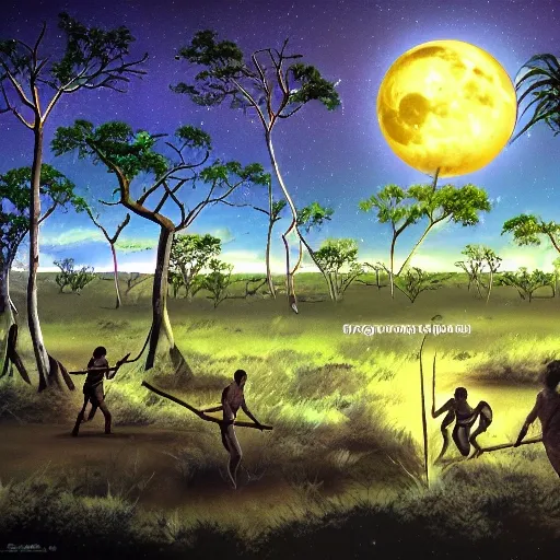 floodplain, Arnhem Land, storm, fantasy, Yolngu ancestral warriors fighting with sticks, fire, moonlight, HD, 9600x1080, stereoscopic


, Trippy, 3D