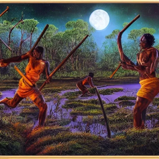 floodplain, Arnhem Land, storm, fantasy, Yolngu ancestral warriors fighting with sticks, fire, moonlight, HD, frame size 9600x1080, stereoscopic


, Trippy, 3D