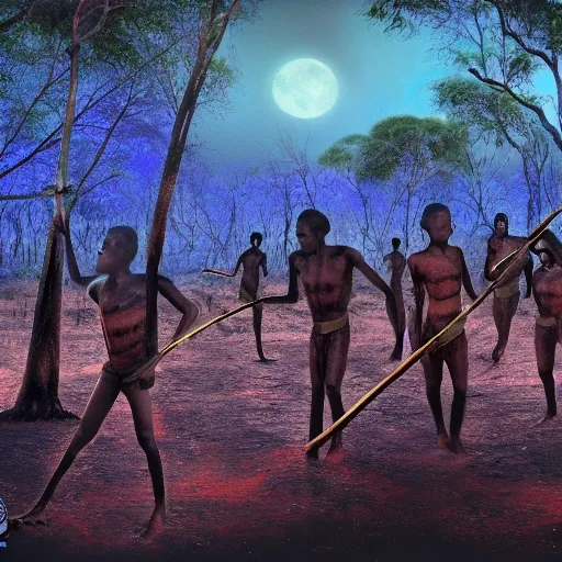 floodplain, Arnhem Land, storm, fantasy, Yolngu ancestral warriors fighting with sticks, fire, moonlight, HD, frame size 9600x1080, stereoscopic


, Trippy, 3D