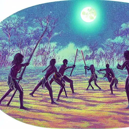 floodplain, Arnhem Land, storm, fantasy, Yolngu ancestral warriors fighting with sticks, fire, moonlight, HD, frame size 9600x1080, stereoscopic


, Trippy, 3D