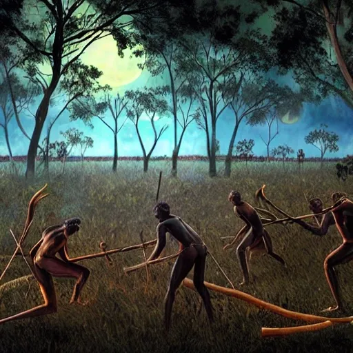 floodplain, Arnhem Land, storm, fantasy, Yolngu ancestral warriors fighting with sticks, fire, moonlight, HD, frame size 9600x1080, stereoscopic


, Trippy, 3D