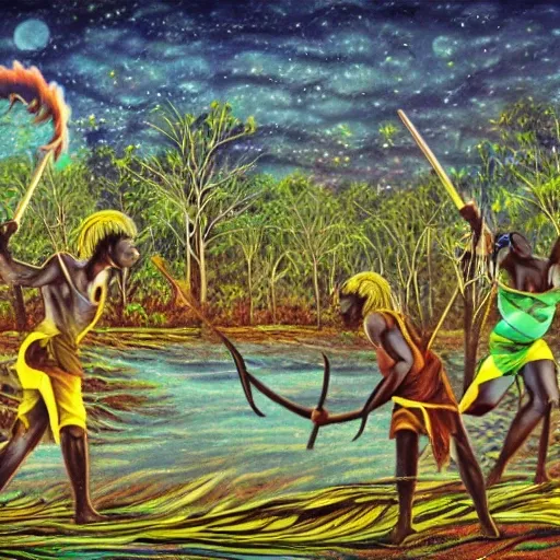 floodplain, Arnhem Land, storm, fantasy, Yolngu ancestral warriors fighting with sticks, fire, moonlight, HD, frame size 9600x1080, stereoscopic


, Trippy, 3D