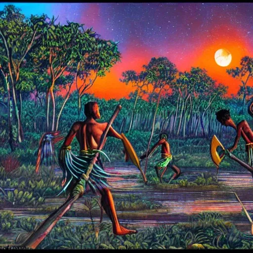 floodplain, Arnhem Land, storm, fantasy, Yolngu ancestral warriors fighting with sticks, fire, moonlight, HD, frame size 9600x1080, stereoscopic


, Trippy, 3D