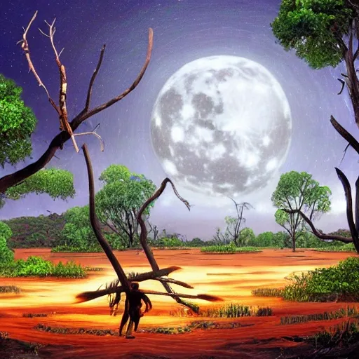 floodplain, Arnhem Land, storm, fantasy, Yolngu ancestral warriors fighting with sticks, fire, moonlight, HD, frame size 9600x1080, stereoscopic


, Trippy, 3D