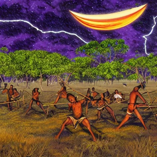 floodplain, Arnhem Land, storm, fantasy, Yolngu ancestral warriors fighting with sticks, fire, moonlight, HD, frame size 9600x1080, stereoscopic


, Trippy, 3D