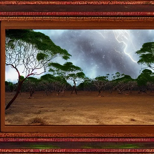 floodplain, Arnhem Land, storm, fantasy, Yolngu ancestral warriors fighting with sticks, fire, moonlight, HD, frame size 9600x1080, stereoscopic


, Trippy, 3D