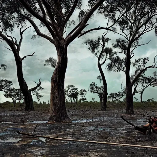 floodplain, Arnhem Land, storm, fantasy, Yolngu ancestral warriors fighting with sticks, fire, moonlight, HD, "width": 9600, "height":1080, stereoscopic


, Trippy, 3D