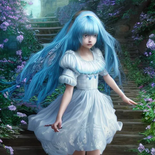 (best quality), (masterpiece), ultra-detailed, illustration , (an extremely delicate and beautiful), extremely detailed CG unity 8k wallpaper, 1girl, solo, blue hair, hair ornament, parted sleeves, dress, white thigs, bare foot, stairs, big house, vanishing point, 