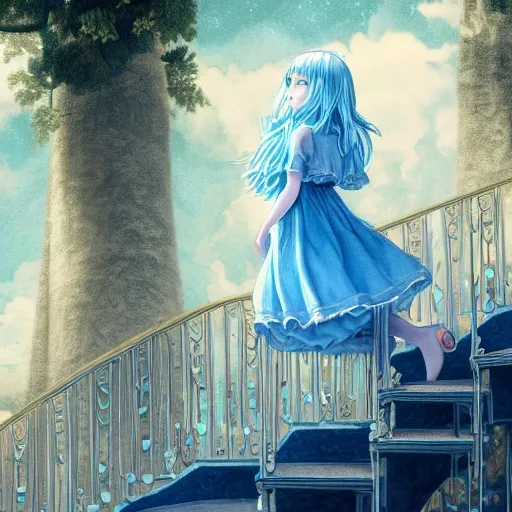 (best quality), (masterpiece), ultra-detailed, illustration , (an extremely delicate and beautiful), extremely detailed CG unity 8k wallpaper, 1girl, solo, blue hair, hair ornament, parted sleeves, dress, white thigs, bare foot, stairs, big house, vanishing point, , Cartoon, Cartoon