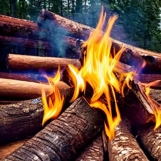 woman dancing on the fire, she is merged with the flames of the fire, the logs are large and blue in color, fantasy