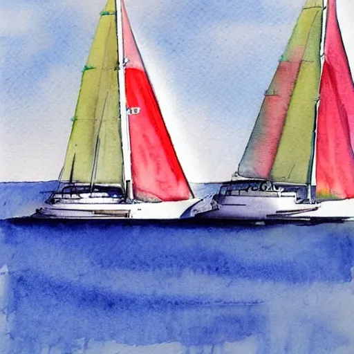 Modern sailing yachts at the start of a regatta
, Water Color