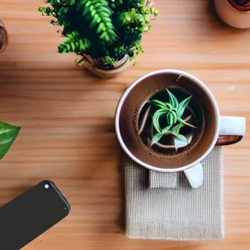 , TrippyA person sitting in a cozy cafe, surrounded by plants and having a cup of tea or coffee while listening to lofi music through headphones. This image could show the table with the cup of tea, a potted plant and a mobile phone with the screen showing a playlist of lofi music. The lighting could be warm and soft, and the person could have a relaxed expression on their face.