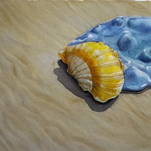 sea shell,  yellow sand,  realism, Water Color