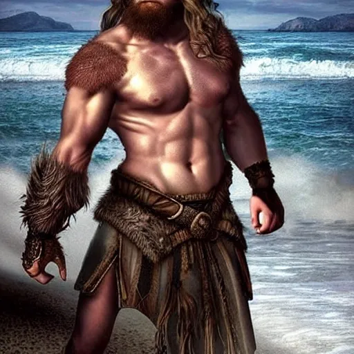 muscular viking who has armor and killer look, on norwegian beaches, fantasy, detailed, cinematic