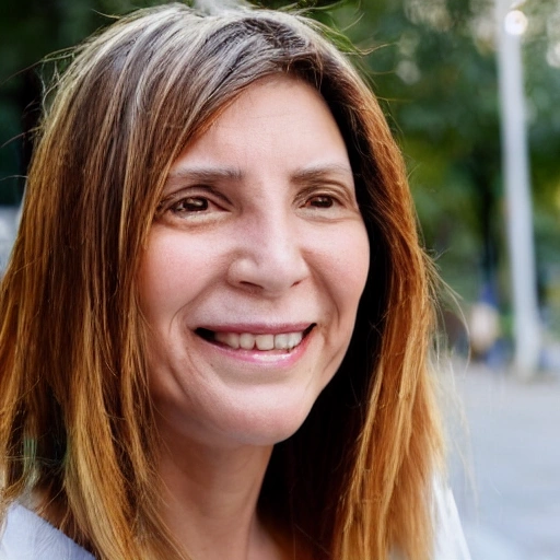 retrato de mujer de 30 años sonriendo, imagen realista, vista frontal, pelo largo ondulado castaño sin encrespar, en el fondi se identifica una calle parisina