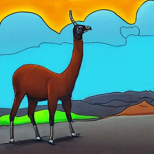 Patagonian guanaco, realistic, humor, detail, cartoon, colors, stormy sky
