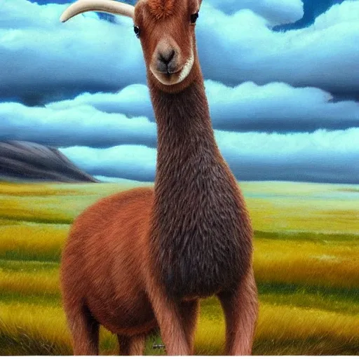 Patagonian guanaco full body realistic, humor, detail, cartoon, colors, stormy sky.
high quality, 4K, 560x650

