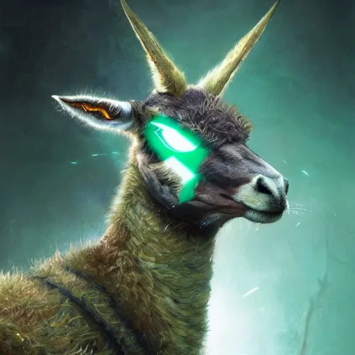 a portrait of a cyber patagonian guanaco by greg rutkowski and wlop, emerald green color scheme, high key lighting, digital art, highly detailed, fine details, intricate, ornate, complex
