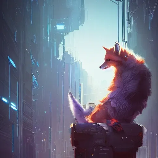 a beautiful portrait of a cute cyberpunk fox by greg rutkowski and wlop, purple blue color scheme, high key lighting, digital art, highly detailed, fine detail, intricate, ornate, complex
